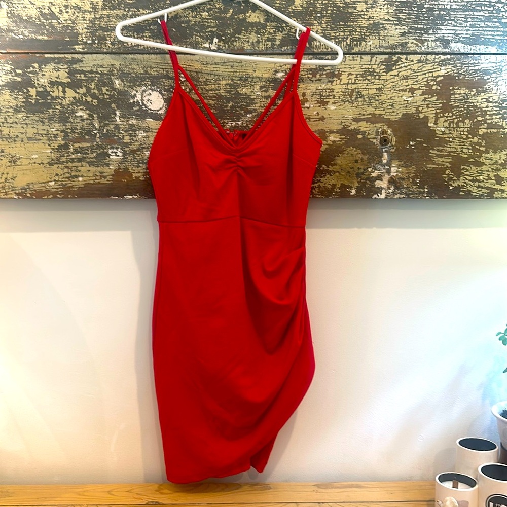 Red Strappy Cinched Asymmetric Hem Dress